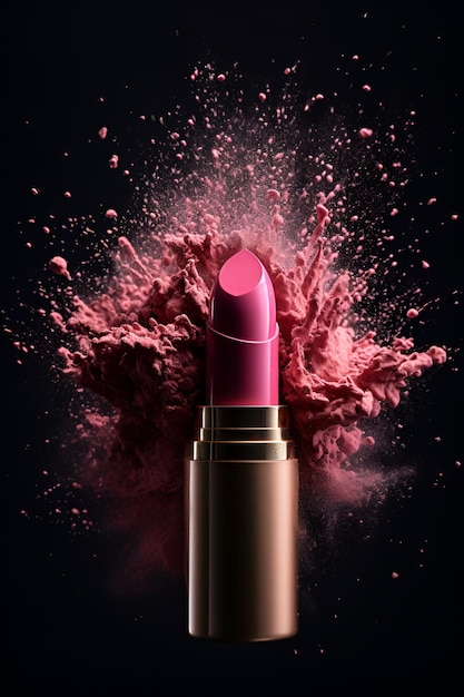 Commercial photography pink lipstick in powerful explosion of dust ai generated