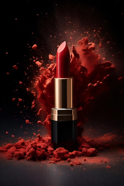 Commercial photography red lipstick in powerful explosion of dust ai generated