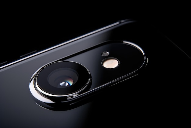 Photo commercial photography of a smartphone detail on the lens lens on the back