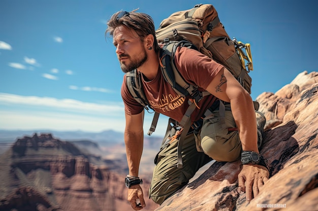 Commercial photography a young man is rock climbing full body side view