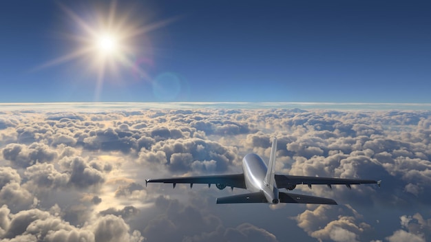 Photo commercial plane flying over the clouds