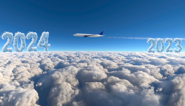 Фото Коммерческий самолет летает с 2023 и 2024 годами, написанными на облаках 3d-иллюстрация