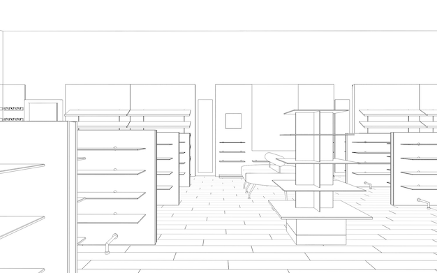 commercial premises shop interior visualization 3D illustration sketch outline