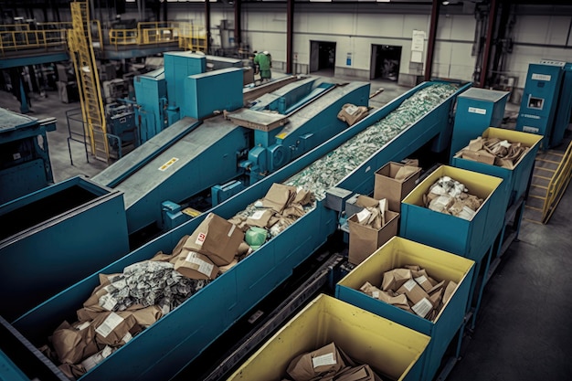 Foto un centro di riciclaggio commerciale con cassonetti e nastri trasportatori che smistano diversi materiali riciclabili