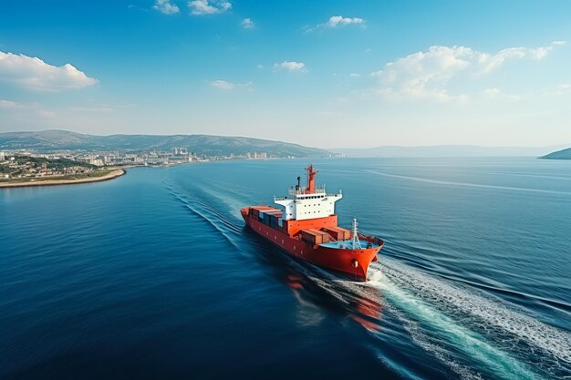 Commercial shipping vessel in open sea cargo delivery background with empty space for text