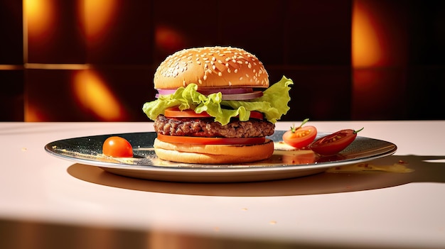 Рекламный снимок вкусного бургера на эпическом минимальном фоне