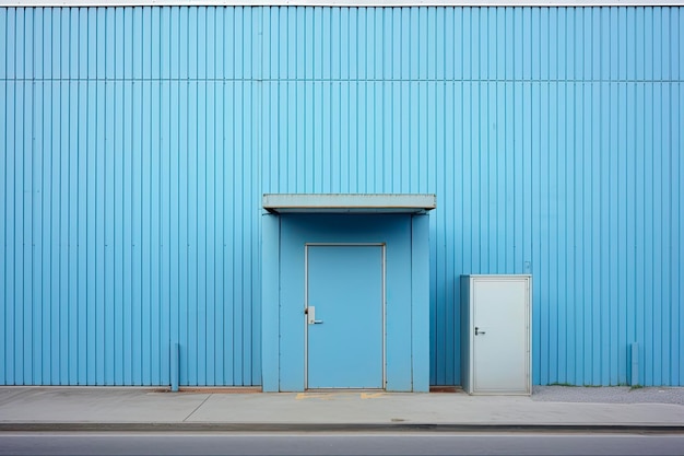 Архитектура коммерческих складов с голубыми гофрированными ящиками и входными дверями для доставки и