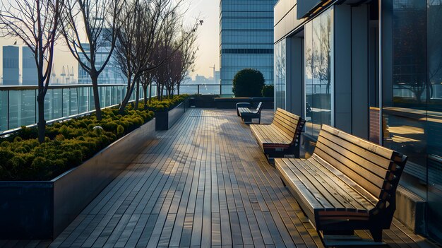 commercial terrace with empty wooden benches