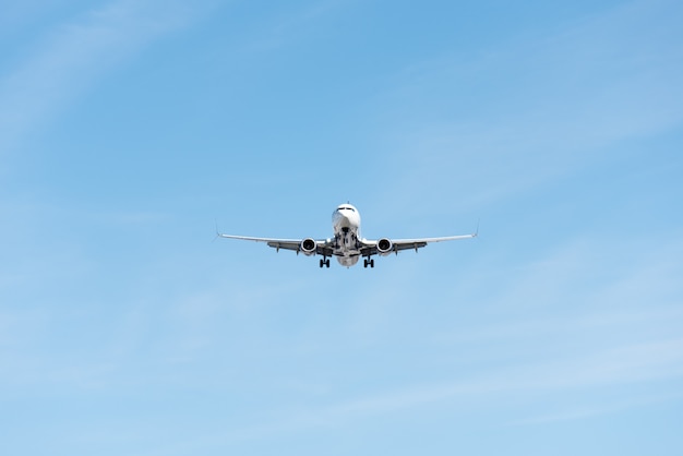 Commercieel vliegtuig dat in blauwe uitgebreide hemel, volledige flap en landingsgestel vliegt