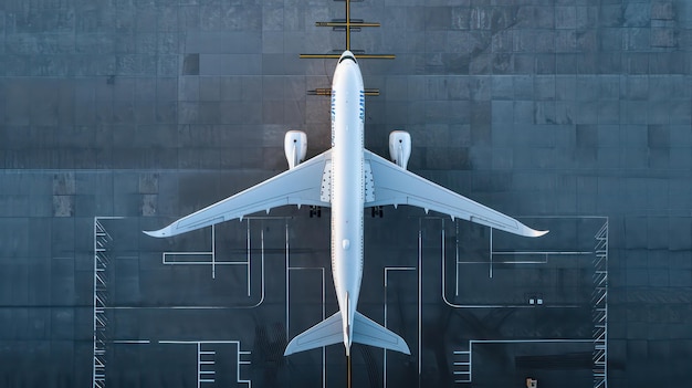 commercieel vliegtuig geparkeerd op de landingsbaan van de luchthaven tijdens de dag