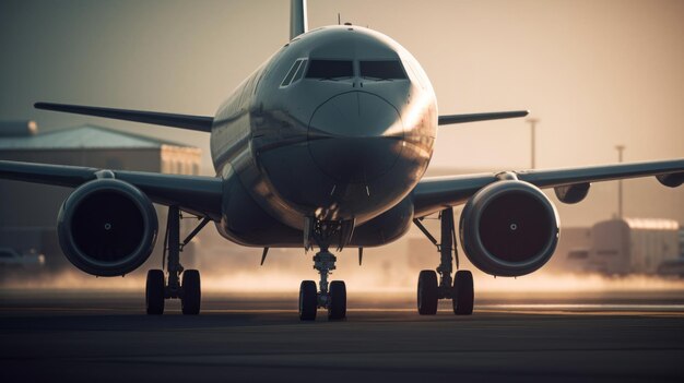 Commercieel vliegtuig op het punt van opstijgen op de met AI gecreëerde landingsbaan van de luchthaven