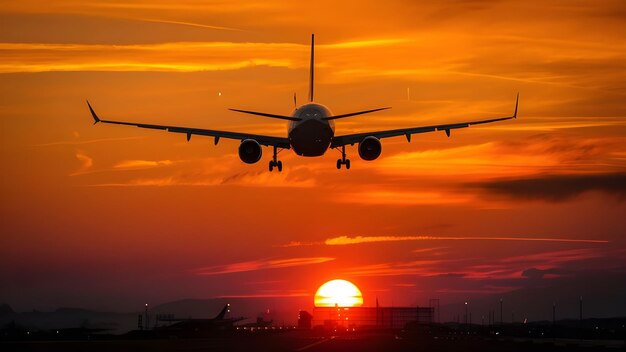 Commercieel vliegtuig opstijgt in de kleurrijke lucht bij zonsondergang Landschap