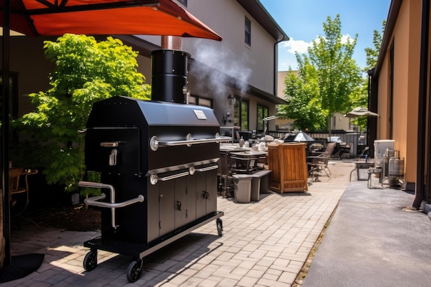 Commerciële bbq-roker in de tuin van een restaurant