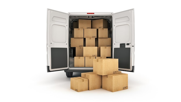 commerciële bestelwagens met kartonnen dozen 3D-rendering