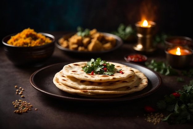 Commerciële foto mooie donkere achtergrond trendy naan flatbread plate heerlijke Indiase eten