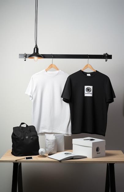 Commerciële fotografie hangend t-shirt een hoodie op een rack zwart notitieboek op een vitrine
