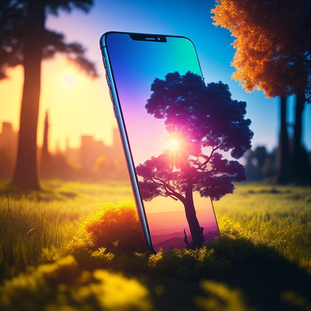 commerciële kleurrijke technologische achtergrond zonlicht levendige krachtige magie Een futuristische iPhone 3D