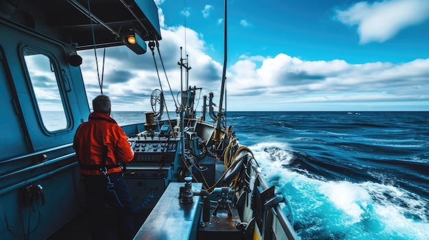 Foto commerciële vissersvaartuig dat op stormachtige zeeën vaart