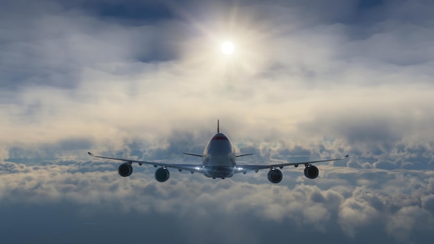 Commerciële vliegtuigen vliegen over de wolken in een geweldige zonsondergang