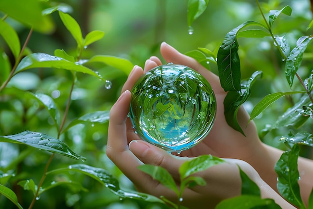 Commitment to earth39s future as hands frame a fragile blue and green sphere