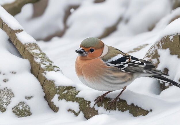 Photo a commom male chafinch fringilla coelebs perched on a branch in a snowcovered forest in white bac