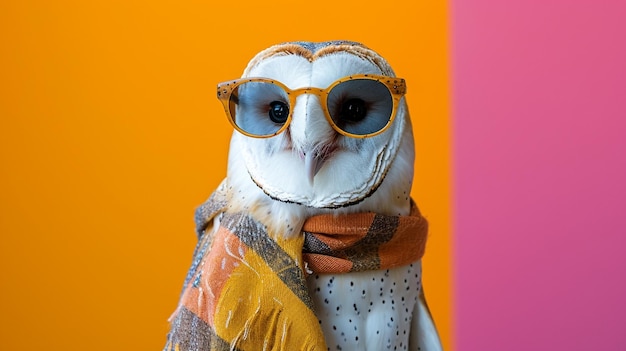 common barn owl sunglasses and scarf in studio with a colorful and bright background AI Generative