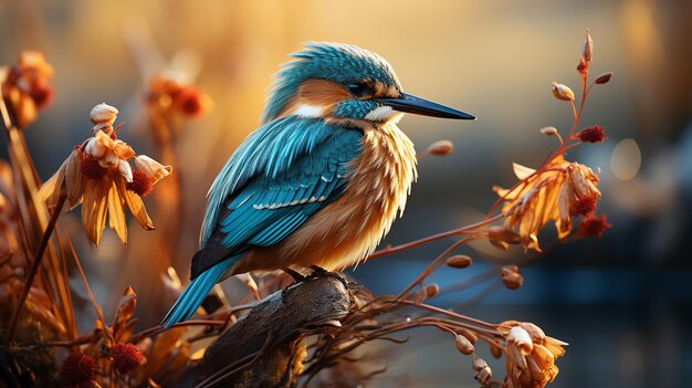 Common European Kingfisher Alcedo atthis perched on reed above the river and hunting for fish