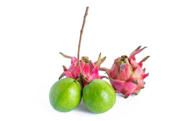 Common guava fruit and Pitaya fruit isolated on white background