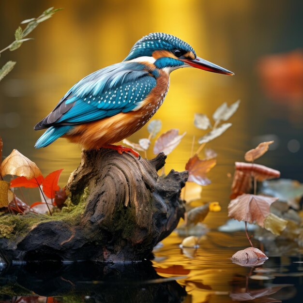 Foto l'uccello si siede sopra un fiume poco profondo su un bellissimo ramo vecchio e asciutto.