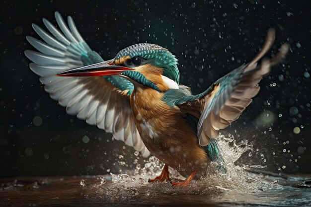 일반적인 Kingfisher Alcedo atthis 물고기를 위해 다이빙 후 날아가는 Generative AI