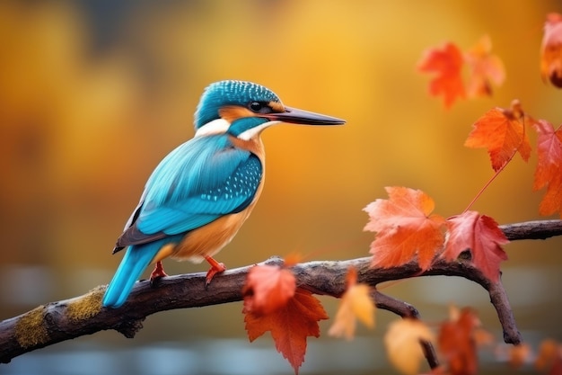 Common kingfisher alcedo atthis sitting on a twig in the autumn morning Animal wildlife