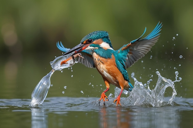 Photo common kingfisher catches fish out of water