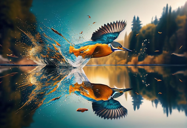 Common Kingfisher fishing in a river Generative AI