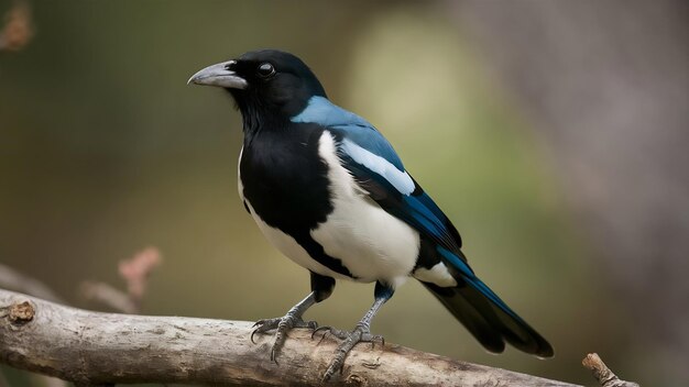 Photo common magpie sitting on a branch with a blurred background