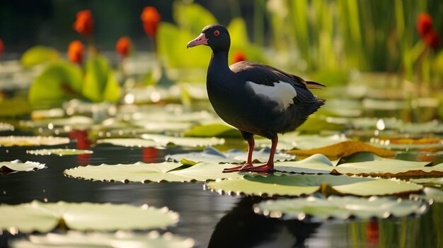 Обычный Moorhen Gallinula chloropus в пруду Мемориального зала Чианг Кай Шека Тайбэй