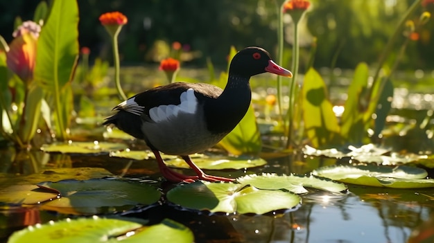 Обычный Moorhen Gallinula chloropus в пруду Мемориального зала Чианг Кай Шека Тайбэй