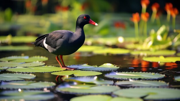 Обычный Moorhen Gallinula chloropus в пруду Мемориального зала Чианг Кай Шека Тайбэй