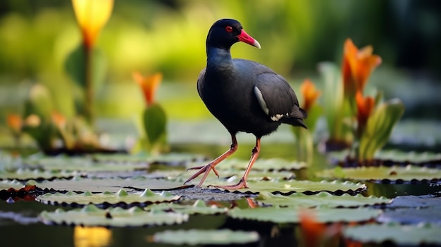 Обычный Moorhen Gallinula chloropus в пруду Мемориального зала Чианг Кай Шека Тайбэй