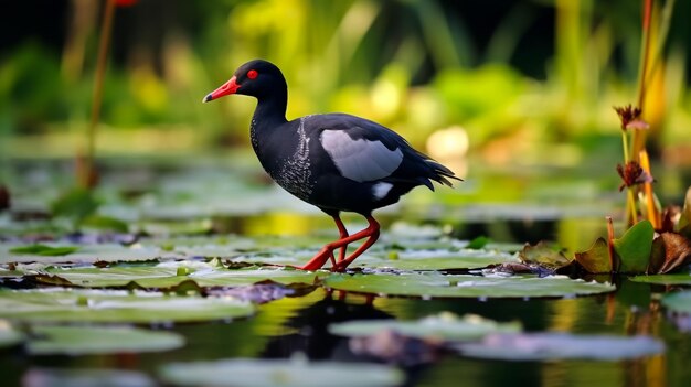 Обычный Moorhen Gallinula chloropus в пруду Мемориального зала Чианг Кай Шека Тайбэй