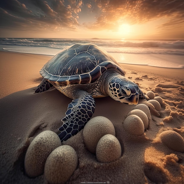 Common sea turtle on the beach turtle eggs ocean sunrise