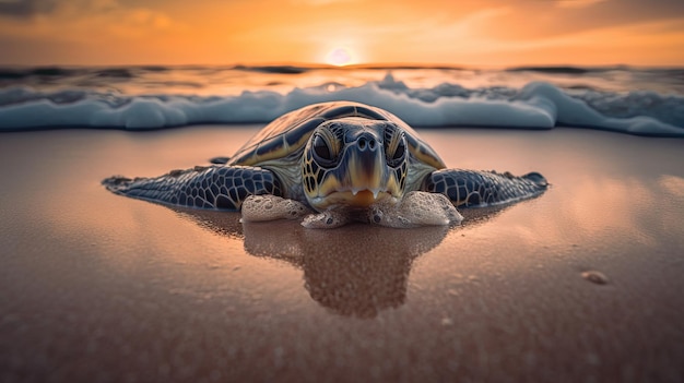 Foto tartaruga di mare comune sull'alba dell'oceano delle uova della tartaruga della spiaggia