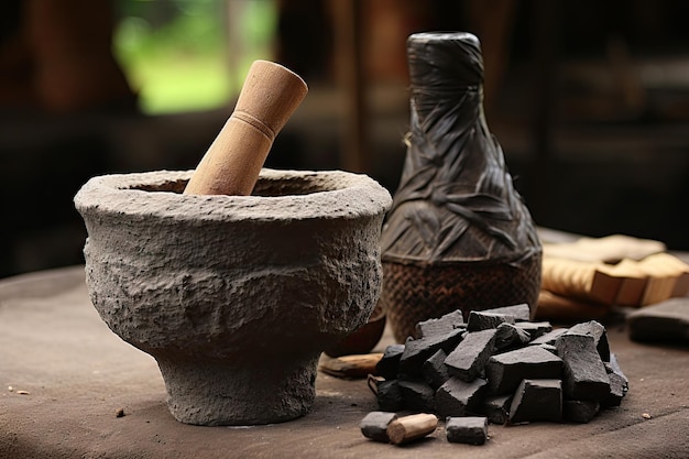 Photo commonly used in indonesia for making sambal the isolated pestle and mortar also called ulekan dan c