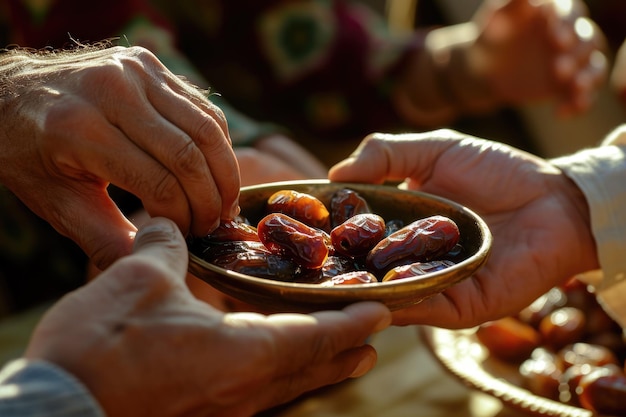 Communal Sharing Hands reaching for dates from a bowl symbolizing the act of sharing in a warm inviting atmosphere