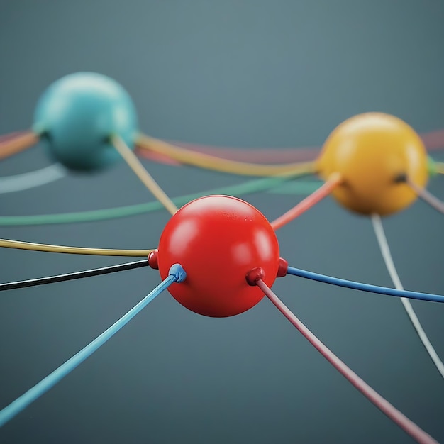Communicatie- en verbindingsconcept met gekleurde bollen verbonden door draden