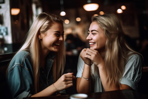 Communicatie en vriendschap concept lachende jonge vrouwen met koffiekopjes in café