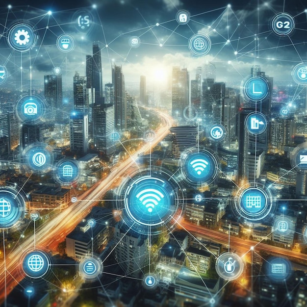 Foto concetto di rete di comunicazione per le città intelligenti 5g iot internet delle cose telecomunicazioni
