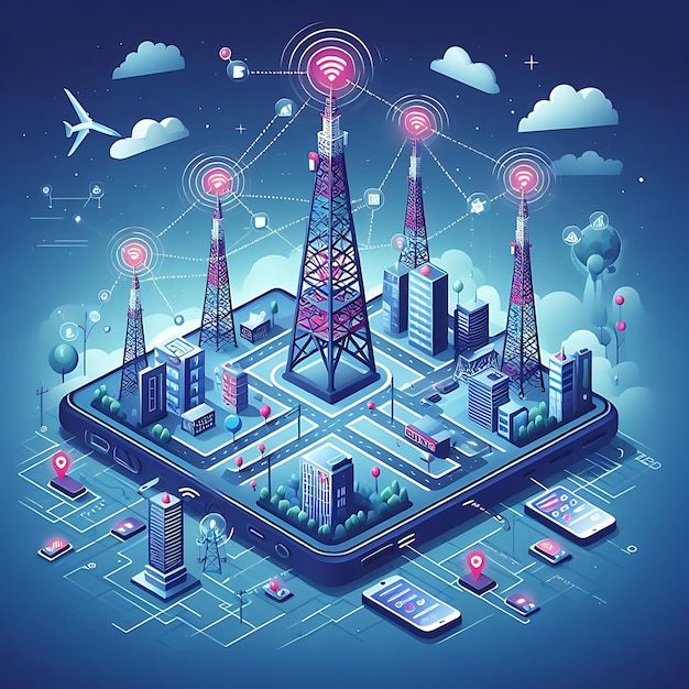 Communication Network Tower with connectivity illustration for social media post