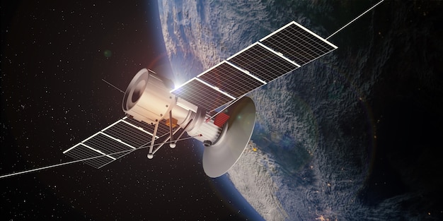 Фото Спутник связи, плавающий в космосе с глобусом на заднем плане, передает через спутник