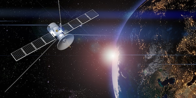 Communication satellite floating in space with a globe in the background transmitting via satellite