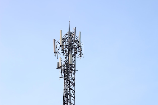 Communications tower with blue sky background